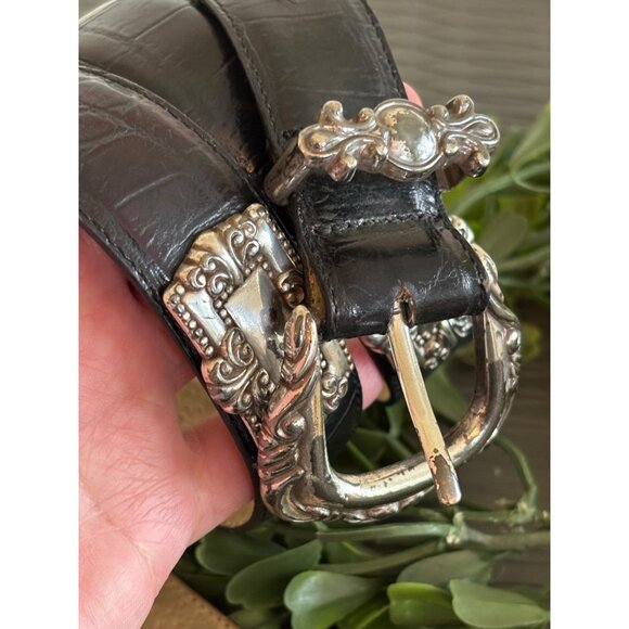 Vintage Brighton Leather Belt, Embossed Alligator Print leather, Concho Silver O - Picture 6 of 13